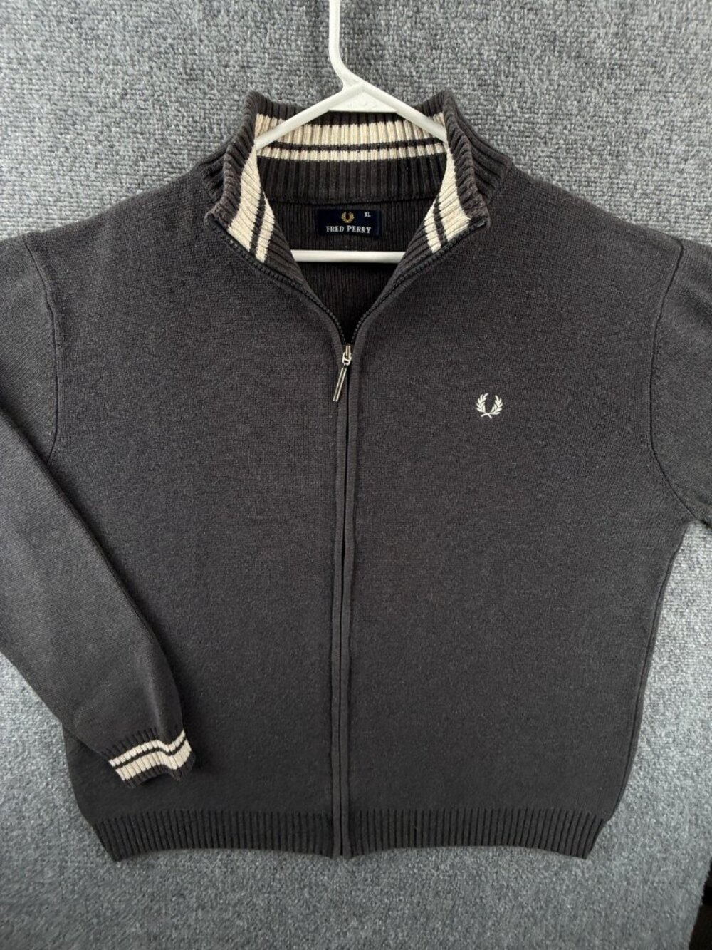 Fred Perry Full Zip Heavyweight Knit Gray Sweater XL Logo Preppy Cotton Men
